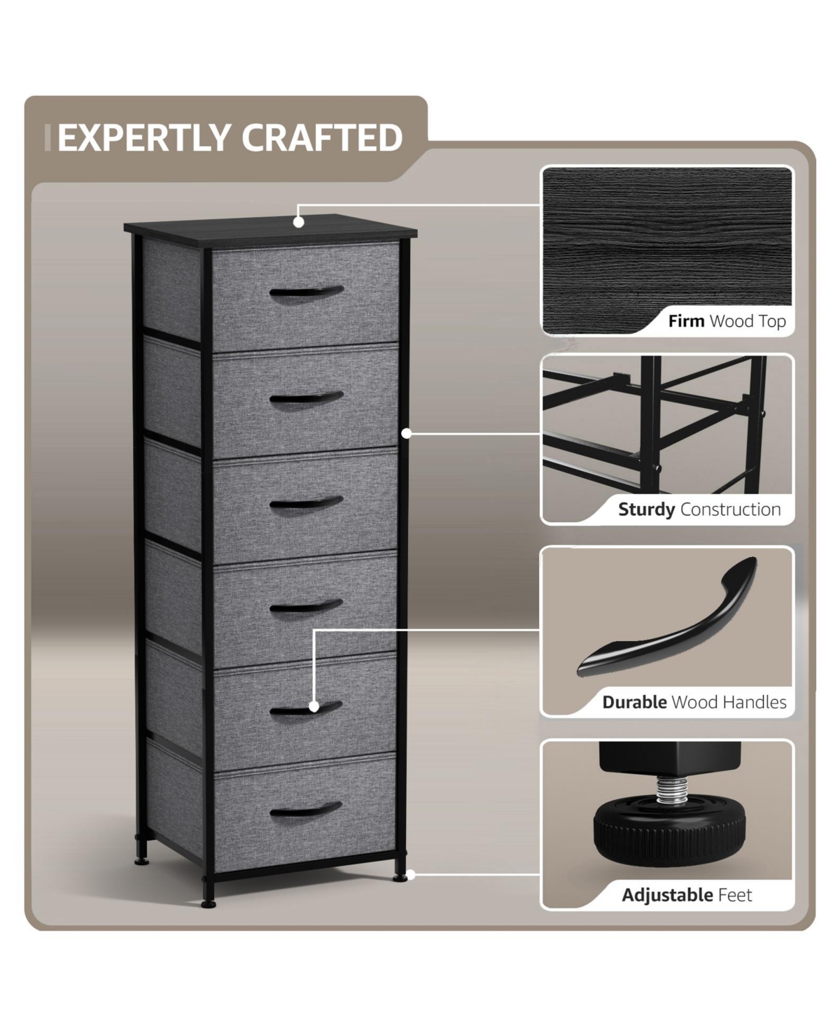 Sorbus Narrow 6 Drawers Nightstand with Steel Frame, Wood Top, Easy Pull Fabric Bins for Home, Bedroom, Office & Dorm