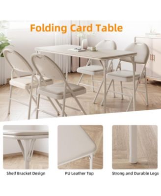 Folding Table 4 Foot with Upholstered PU Leather Tabletop, Heavy Duty Metal Legs, Collapsible Design & Shelf Bracket, No Assembly Required