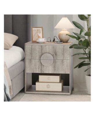 Home Fluted Nightstand Set Of 2 With Charging Station Side Table With 2 Drawer Modern Farmhouse Nightstand