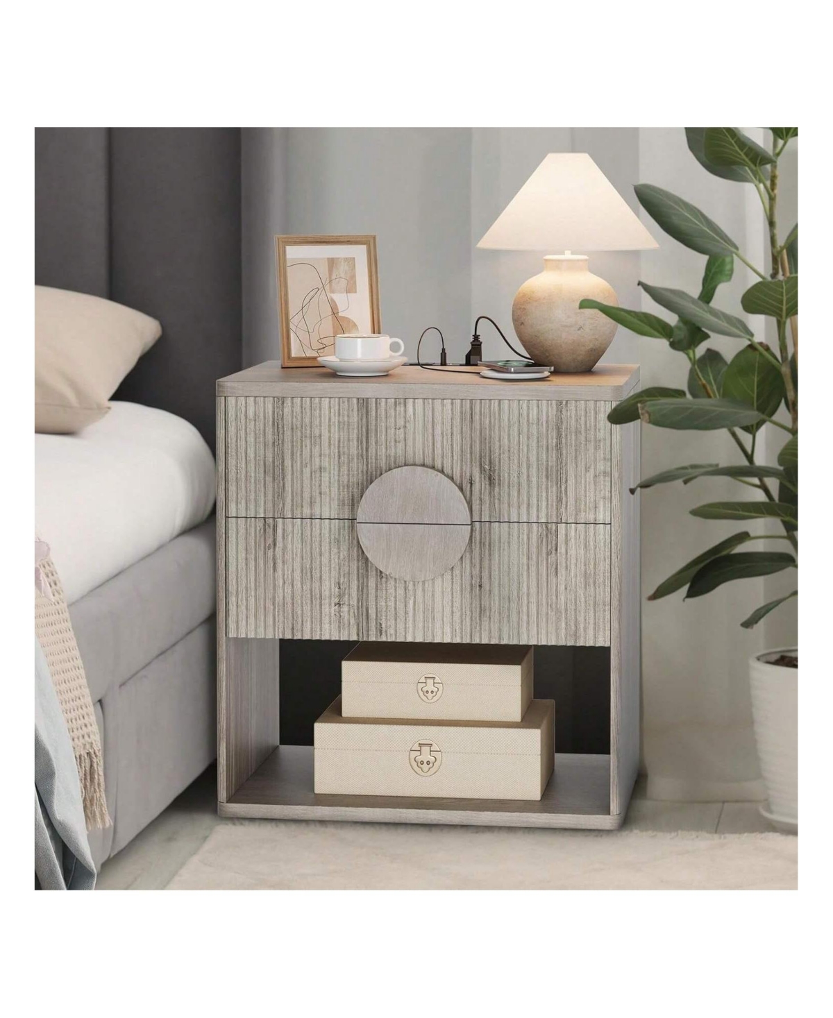 gaomon Home Fluted Nightstand Set Of 2 With Charging Station Side Table With 2 Drawer Modern Farmhouse Nightstand