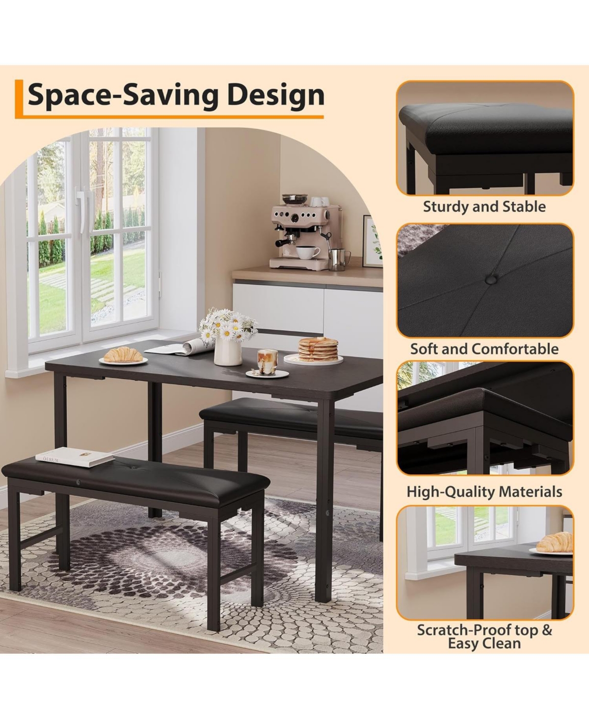 gaomon Dining Table Set for 4, 3-Piece Kitchen with 2 Upholstered Benches, Space-Saving Room Breakfast Nook and Small Spaces