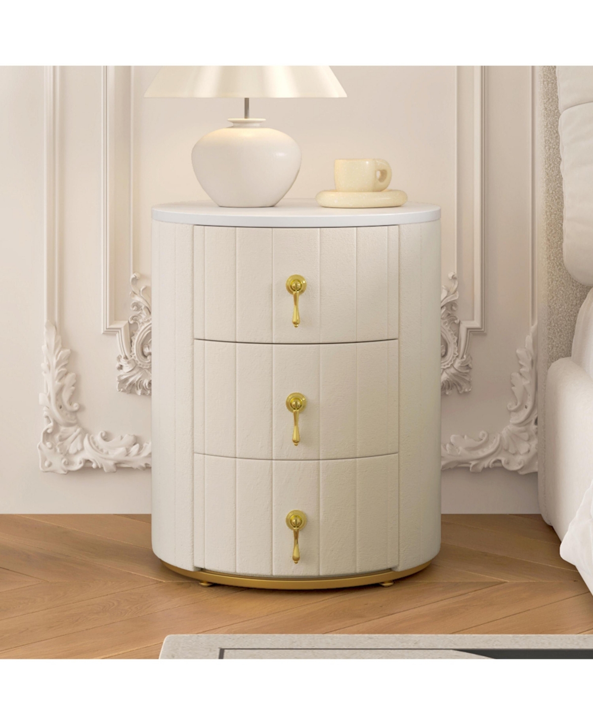 Cesicia Round Upholstered Nightstand Bedside Table with 3 Drawers, Metal Handles, Marbling Stickers Top for Bedroom, Fully Assembled Except Handles