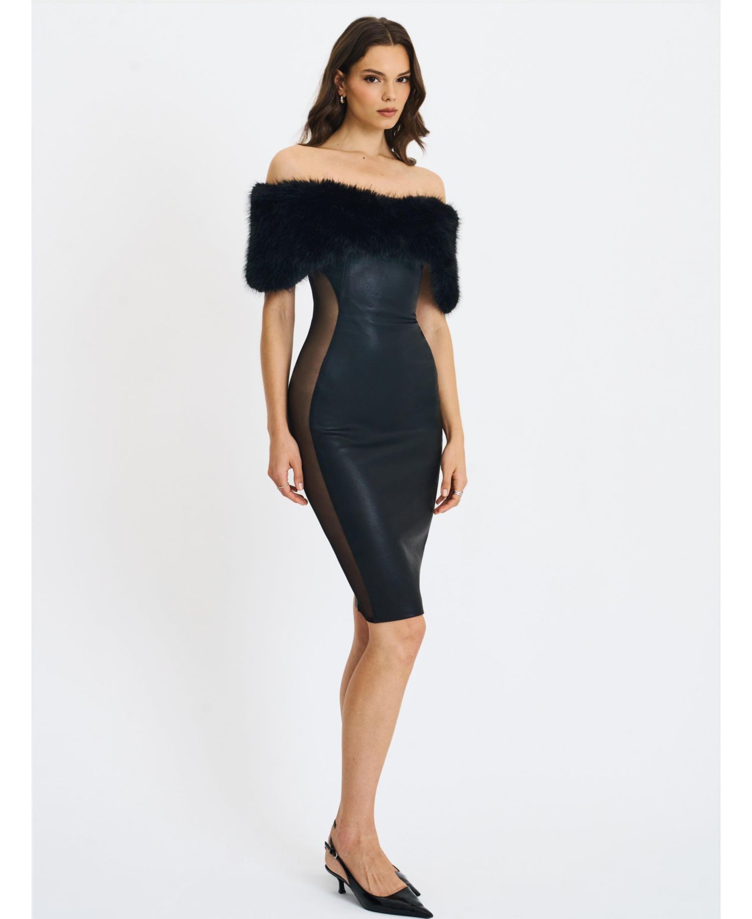 Women Bellis Black Fur Trim Mesh Panel Off-Shoulder Midi Dress