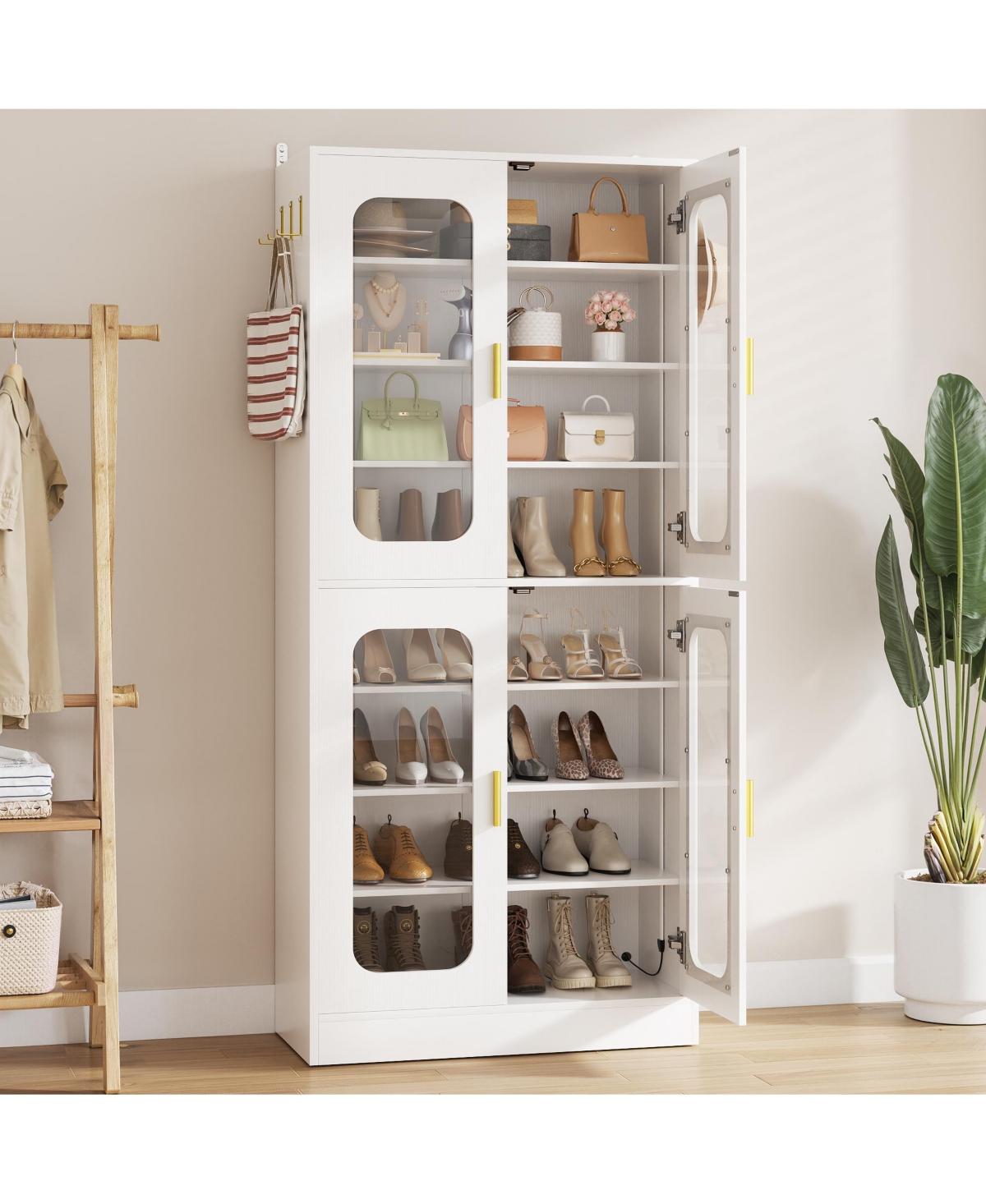 Aheaplus Shoe Cabinet with Led Light, Closet Organizer Adjustable Shelves