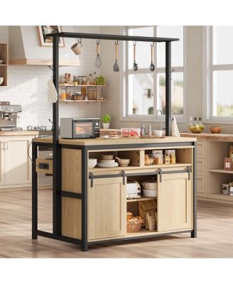 42" Kitchen Island with Power Outlet, Rustic Wood Coffee Bar, Sliding Barn Door, 9 Hooks, Open Shelves & Mobile Storage Cabinet