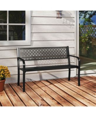 50" Outdoor Garden Bench with Geometric Lattice Backrest Armrests and Slatted Seat