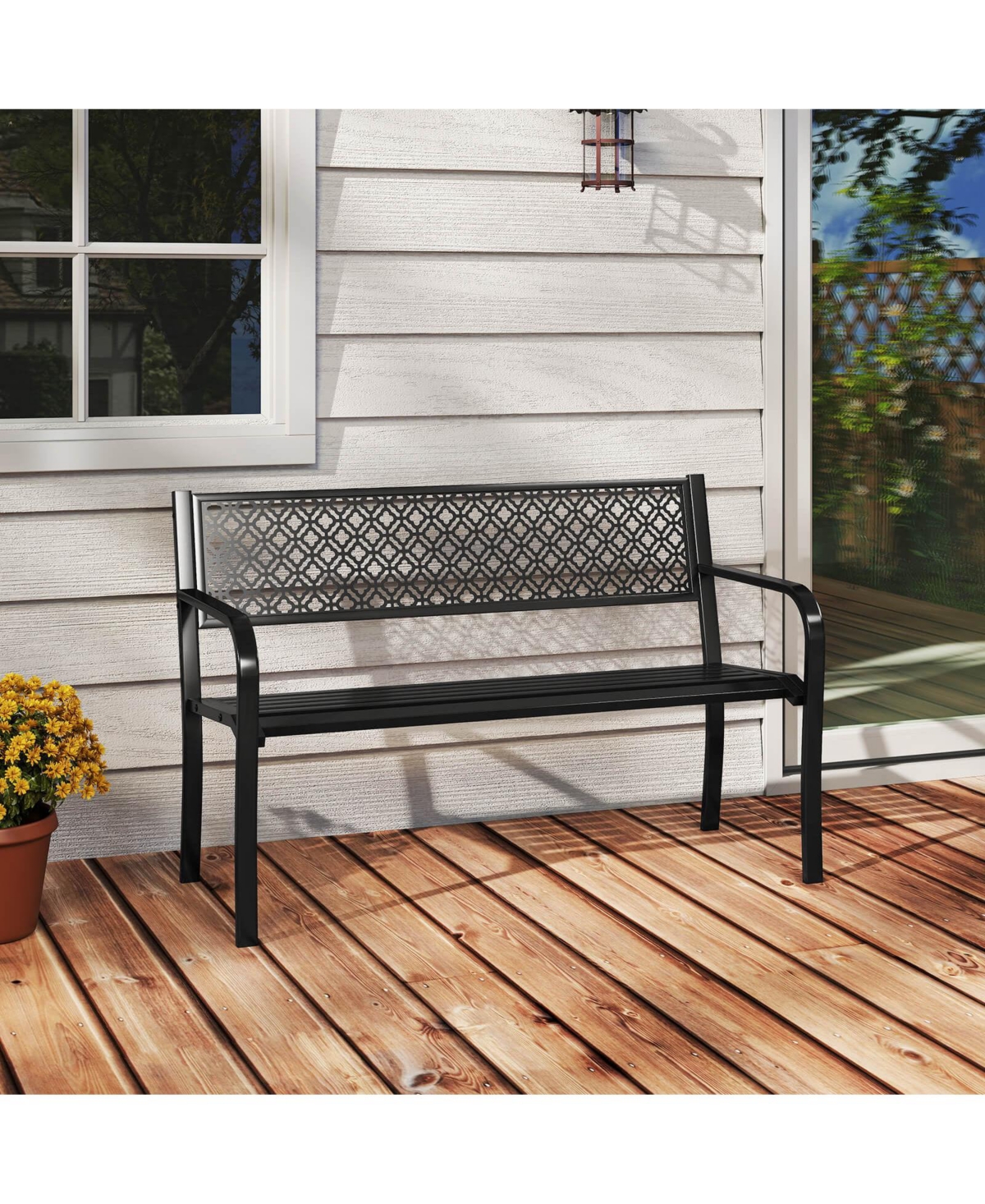Costway 50" Outdoor Garden Bench with Geometric Lattice Backrest Armrests and Slatted Seat