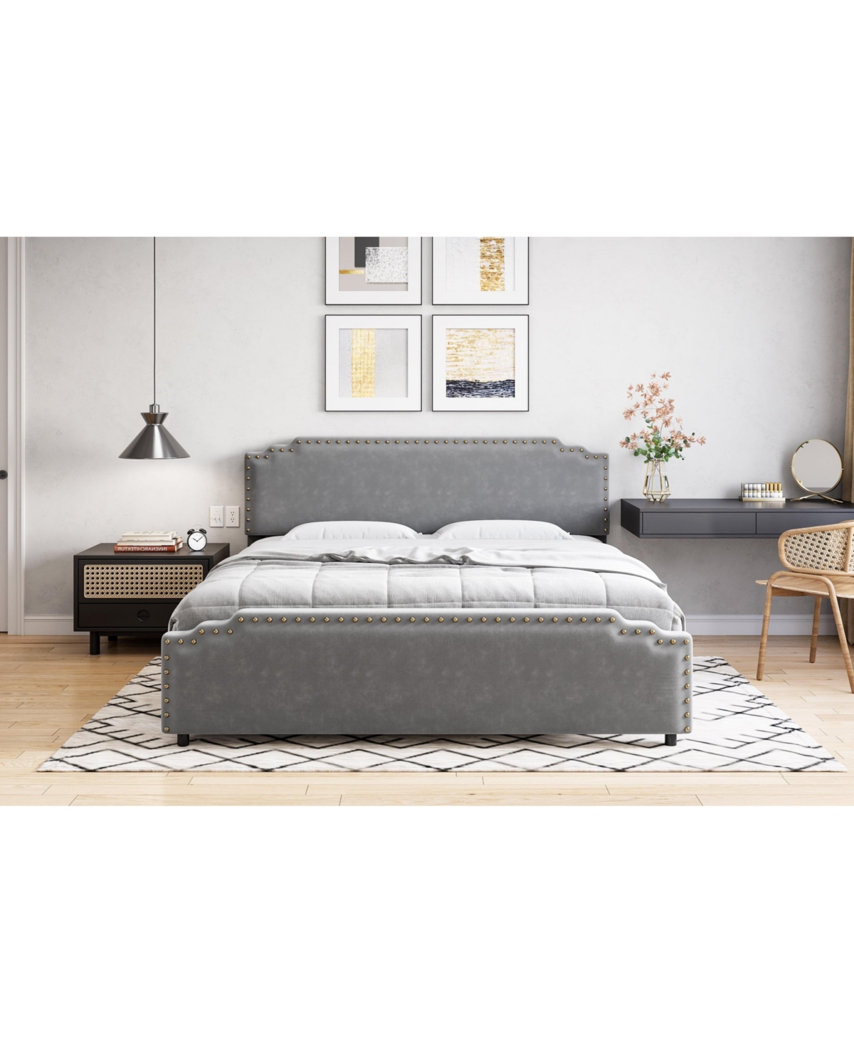 Gaomon Easy Assembly King Size Bed Frame- Velvet Upholstered Platform Bed Space Saving, for Living Room