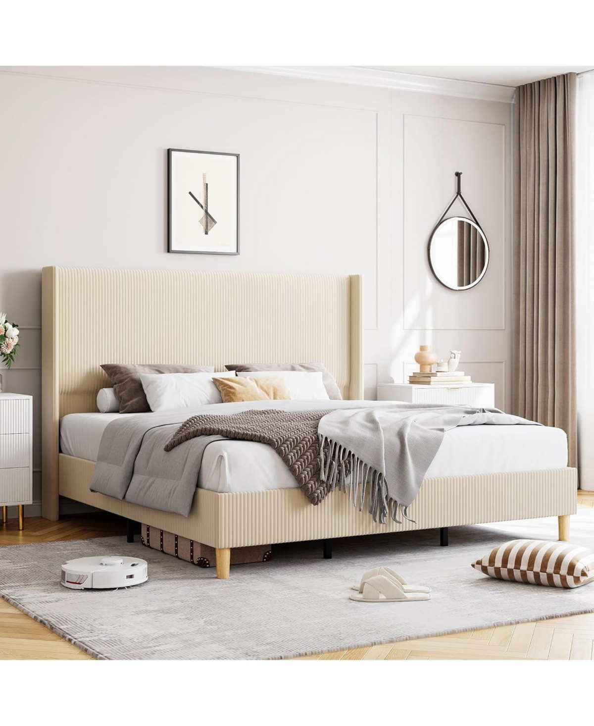 gaomon Easy Assembly Full Size Corduroy Upholstered Bed Frame