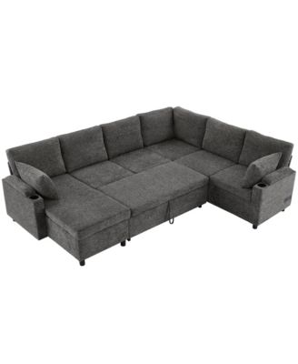 109.9" Sectional Sofa Bed with Storage, Cup Holders & Charging