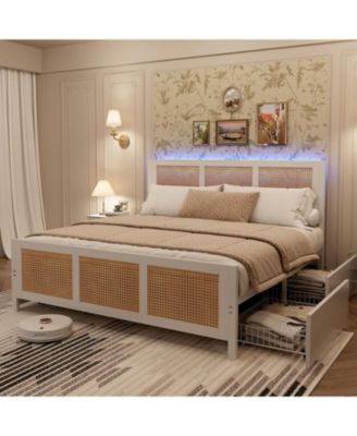 Easy Assembly Queen Size Rattan Accent Storage Bed Space Saving, for Living Room, Guest Room