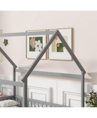 Full Size House Floor Bed with Roof Frame & Safety Guardrails Wooden Play Bed for Kids and Teens