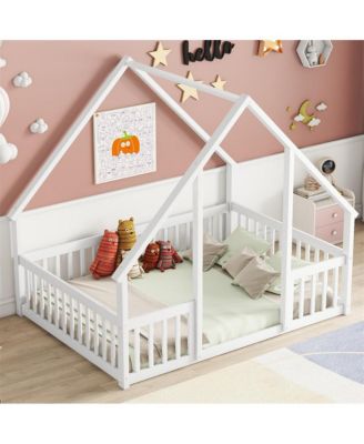 Full Size Wood House Floor Bed with Safety Fence & Roof Frame Play Bed for Kids and Teens