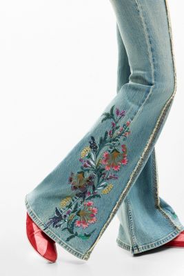 Women's Denim pants with floral stitching