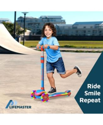 3-Wheel Kids Scooter, Blue Red, with multi-color LED lights, 5-height adjustable handlebar, wide anti-slip deck, safety certified.