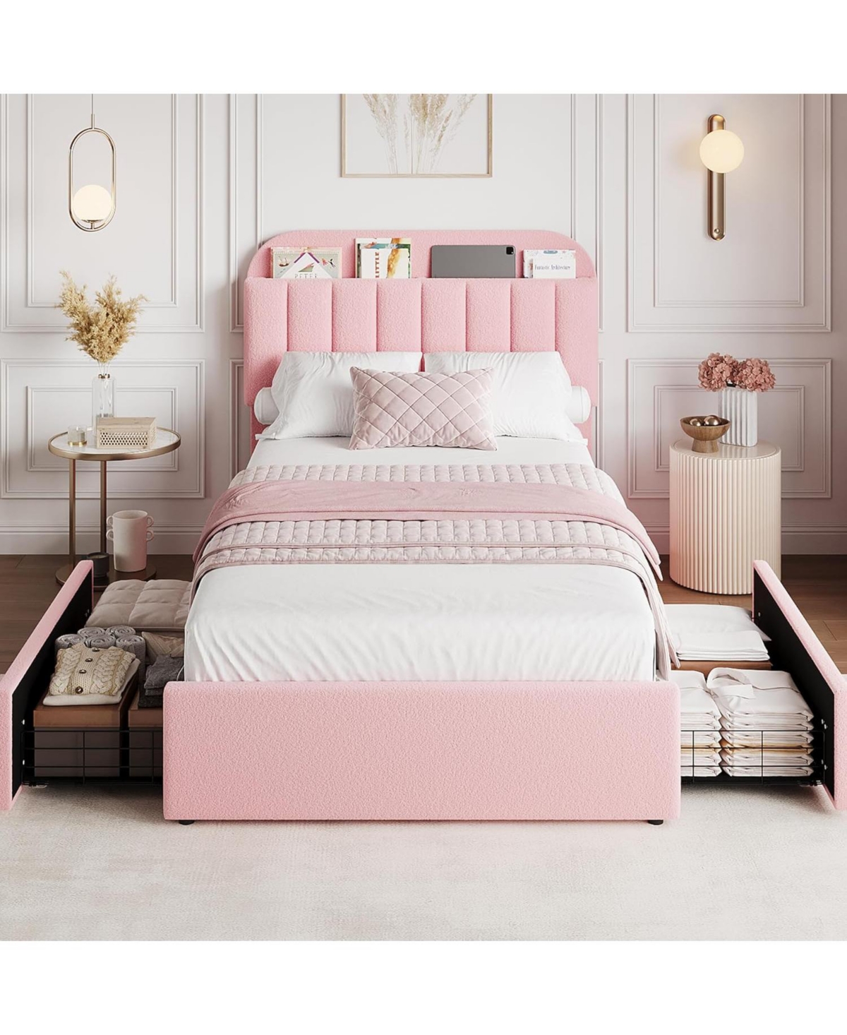gaomon Bed Frame with Storage Headboard & 2 Drawers, Girls Boucle Upholstered Platform Bed with Built-In Bookcase