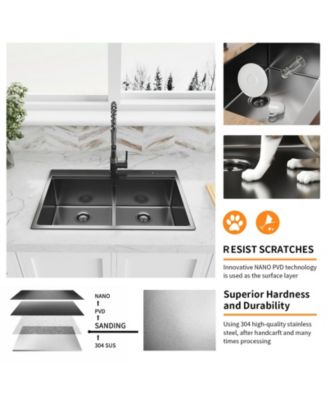 33inch Gunmetal Black Topmount Workstation Kitchen Sink 16 Gauge Stainless Steel Double Bowl