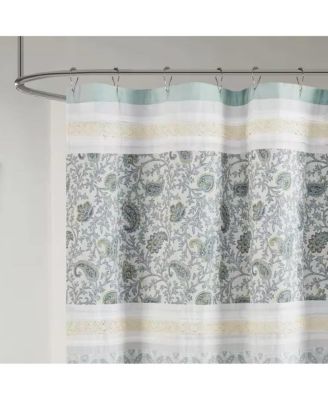72 x 72-in Cotton Shower Curtain with Teal Blue Grey Cream White Paisley Pattern
