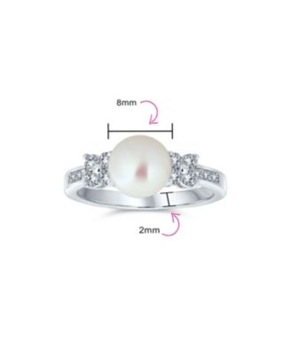 Classic White Culture Pearl Cocktail Ring CZ Side Accent Band Silver Plated