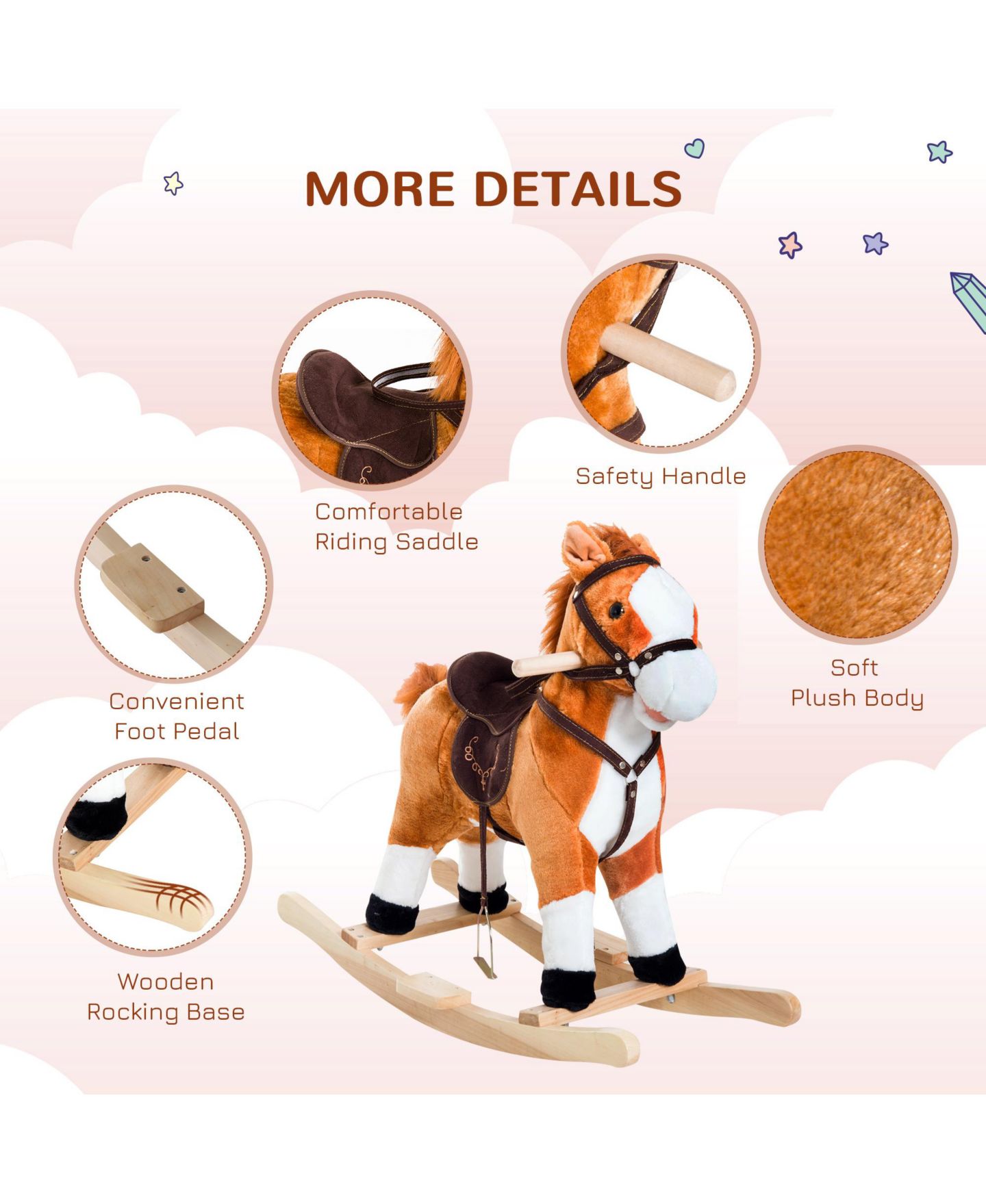 Детская игрушка Qaba Plush Rocking Horse With Realistic Sounds, Supports 88 Lbs., Ages 3+ — фото 6