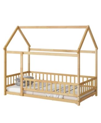Twin House-Shaped Floor Bed with Fence & Roof Frame Wooden Play Bed for Kids Room