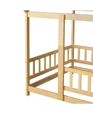 Twin House-Shaped Floor Bed with Fence & Roof Frame Wooden Play Bed for Kids Room