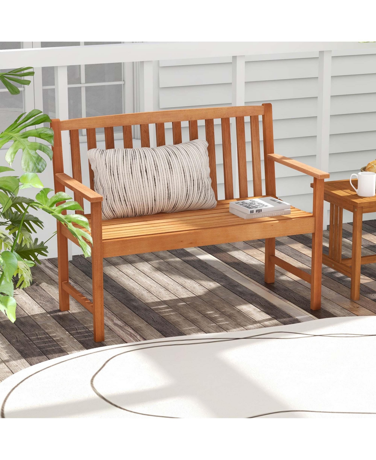 Costway 2-Person Outdoor Garden Wood Bench with Backrest Armrests for Yard Porch
