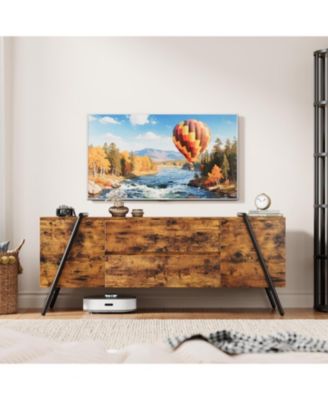 55" Modern Farmhouse TV Stand, Entertainment Center with 2 Drawers, Adjustable Shelves, U-Shaped Metal Legs, Wooden Media Console