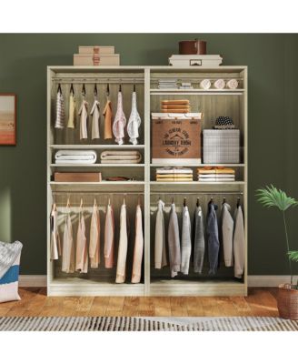 36" Wooden Closet Organizer with Adjustable Shelves, Freestanding Wardrobe with Hanging Rails