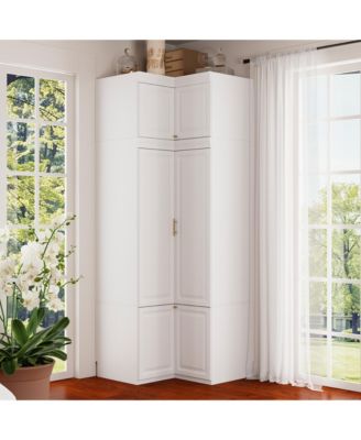 White Wood 6-Door Corner Wardrobe Armoires with Storage Shelves