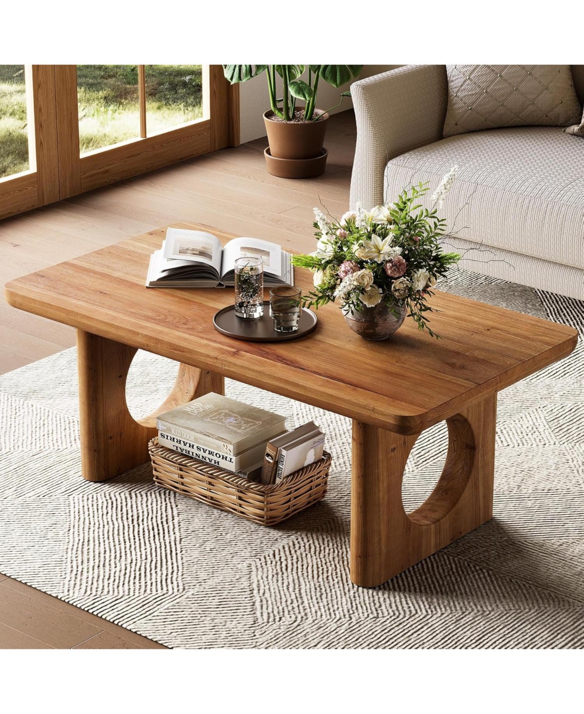 Tribesigns Solid Wood Coffee Table, Modern Farmhouse Coffee Table with Thick Tabletop, Rectangle Center Table