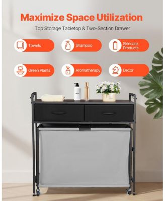 3-Section Laundry Sorter, Rolling Hamper with Wood Top, 2 Drawers, Hooks & Wheels, Pull-Out Bags, Bathroom Organizer