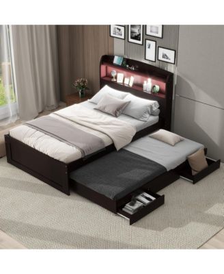 Twin XL Size Platform Bed with Storage LED Headboard, Charging Station, Twin Size Trundle and 2 Drawers