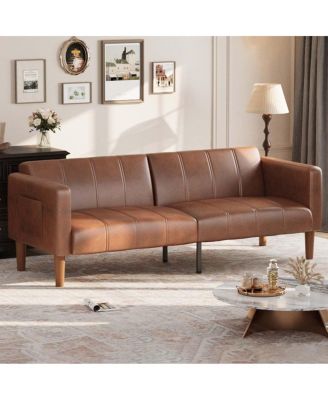 75 Inch Futon Sofa Bed - Convertible Sleeper - Faux Leather Small Couch - Loveseat - Mid-Century Modern Couch for Living Room/Bedroom - Brown
