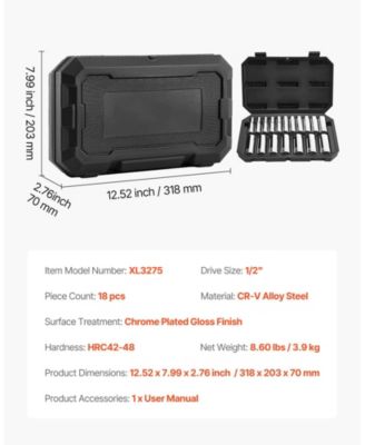 18-Pc 1/2" Metric Socket Set, 10–27mm, CR-V Steel, Chrome Finish, Case.
