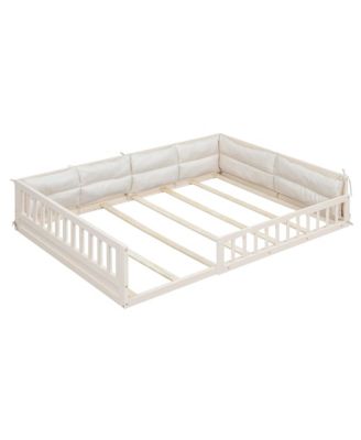 Wood Full Size Upholstered Platform Bed with Guardrail and Pillow