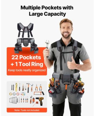 Tool Belt with Suspenders, 22 Pockets Heavy-Duty Tool Pouch, Adjustable Waist 32–68 in, Work Apron Organizer
