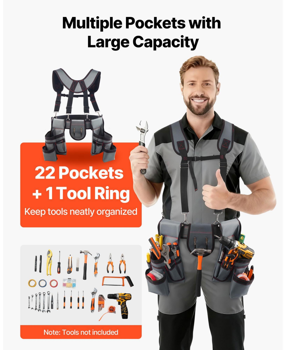 Mecale Tool Belt with Suspenders, 22 Pockets Heavy-Duty Tool Pouch, Adjustable Waist 32–68 in, Work Apron Organizer