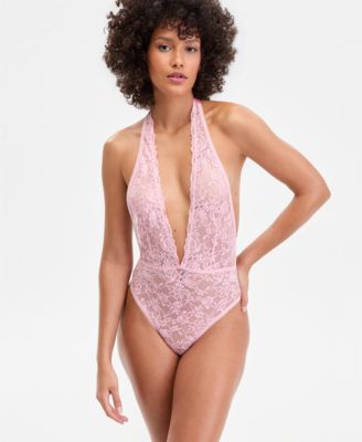 Women's Lace Halter Plunge-Neck Bodysuit