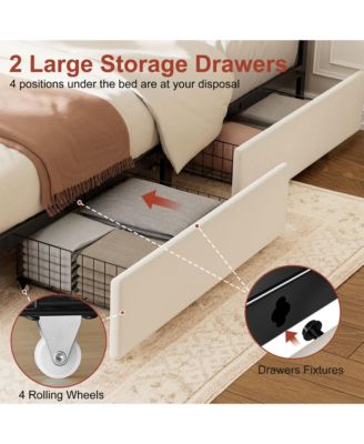 Upholstered King Bed Frame with LED Display Headboard, 2 Storage Drawers, Charging Station, Beige