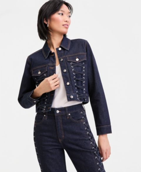 Женские куртки I.N.C. International Concepts Cropped Lace-Up Denim Jacket