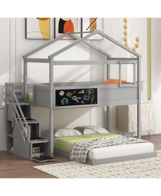 Twin Over Full House Bunk Bed with Storage Staircase and Blackboard