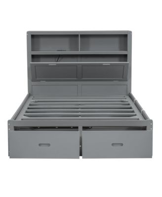 Wood Queen Size Hydraulic Platform Bed with Storage LED Headboard, Charging Station and 2 Drawers