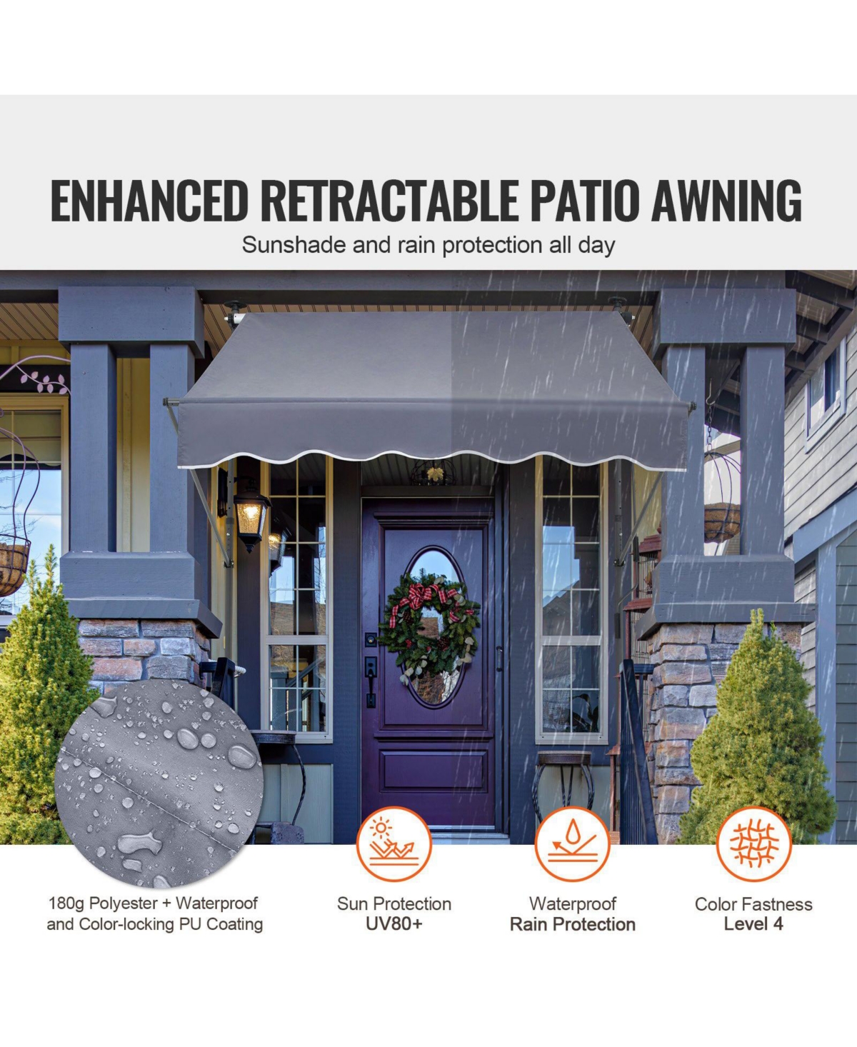 Mecale 59 x 47" Retractable Patio Awning, Manual Crank Sunshade Canopy, Adjustable Height 86-122 in, for Patio Balcony Yard, Dark Gray