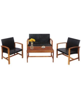 4PCS Patio Rattan Seating Set with Acacia Wood Base
