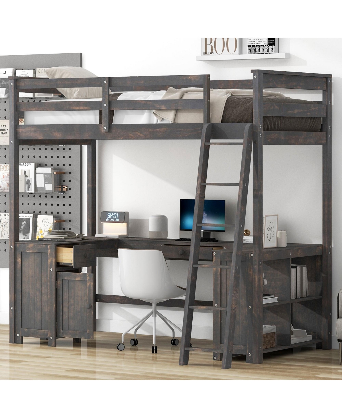 Boyel LivingTwin Size Loft Bed with U-shaped Desk, Drawers and Storage Shelves
