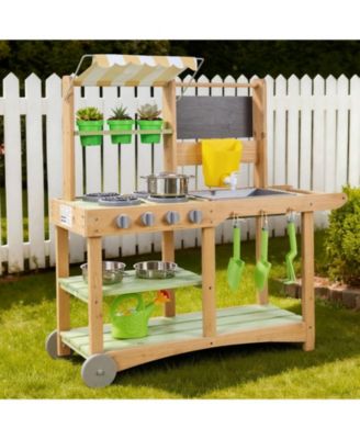 Kids Outdoor Mud Kitchen, Wooden Play Kitchen with Sink, Sunshade Canopy & Swivel Wheels, Spoons, Cookware Pots & Accessories