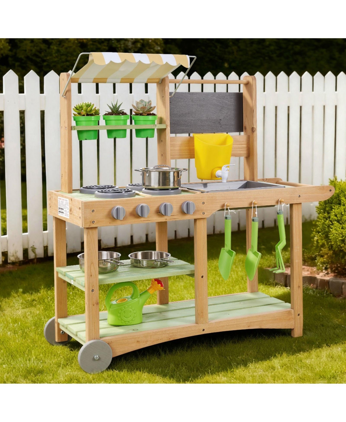 Mecale Kids Outdoor Mud Kitchen, Wooden Play Kitchen with Sink, Sunshade Canopy & Swivel Wheels, Spoons, Cookware Pots & Accessories
