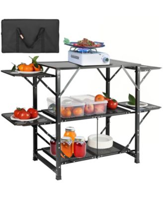 Camping Kitchen Table Cook Station, One-Piece Folding Portable Aluminum Table with Carrying Bag, 4 Side Tables and 2 Shelves
