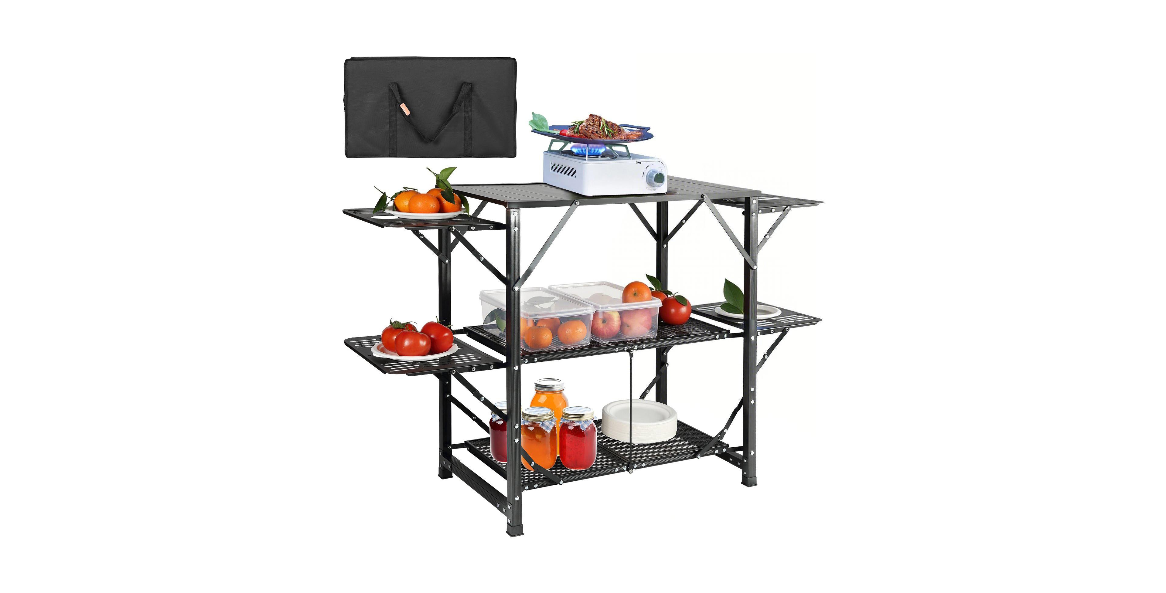 Mecale Camping Kitchen Table Cook Station, One-Piece Folding Portable Aluminum Table with Carrying Bag, 4 Side Tables and 2 Shelves